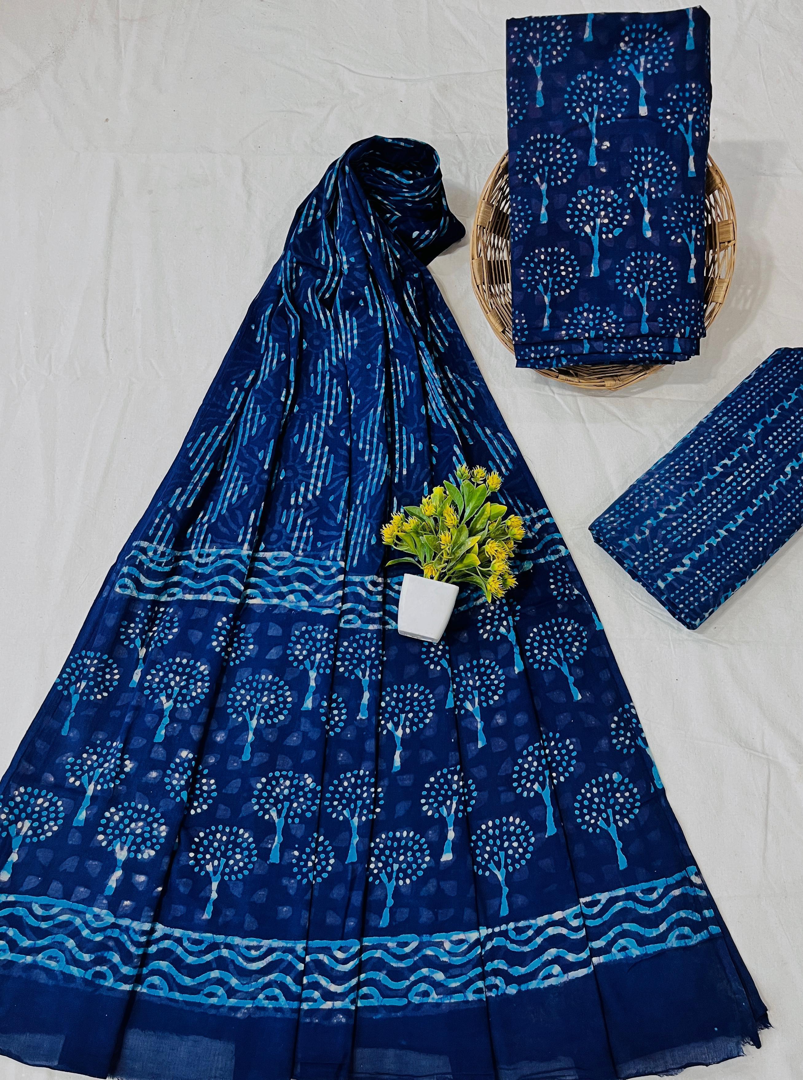 Wholesale Handblock Printed Cotton Mul Dress Material Set with Mul Dupatta – Indigo Dabu Design, Artisan-Crafted in Rajasthan for Designers, Boutiques, and Bulk Orders